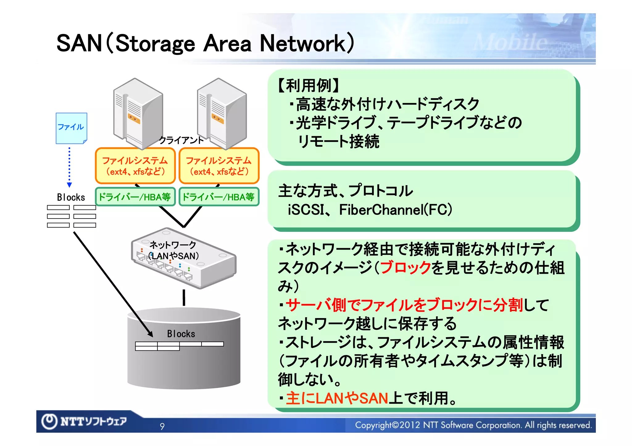 SAN（Storage Area Network）	
                                              【利用例】	
                                               ・高速な外付けハードディスク	
ファイル	
                                         ・光学ドライブ、テープドライブなどの	
                    クライアント	
                    リモート接続	
         ファイルシステム	
          ファイルシステム	
         （ext4、xfsなど）	
      （ext4、xfsなど）	

Blocks	
  ドライバー/HBA等	
 ドライバー/HBA等	
           主な方式、プロトコル	
                                               iSCSI、 FiberChannel(FC)	

                 ネットワーク	
                 （LANやSAN）	
                                              ・ネットワーク経由で接続可能な外付けディ
                                              スクのイメージ（ブロックを見せるための仕組
                                              み）	
                                              ・サーバ側でファイルをブロックに分割して
                                              ネットワーク越しに保存する	
                        Blocks	
 
                                              ・ストレージは、ファイルシステムの属性情報
                                              （ファイルの所有者やタイムスタンプ等）は制
                                              御しない。	
                                              ・主にLANやSAN上で利用。	
                    9
 