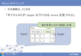 © 2017 NTT DATA Corporation 14
Block
Bitcoin のマイニング
• その実際は、くじ引き
「ダイジェストが target 以下になる nonce を見つけよ」
Tx Tx Tx Tx…
Prev Hash Nonce
Hash( )≤ target
値を変更しながら繰返し計算
 