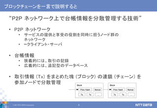 © 2017 NTT DATA Corporation 3
ブロックチェーンを一言で説明すると
“P2P ネットワーク上で台帳情報を分散管理する技術”
• P2P ネットワーク
• サービスの提供と享受の役割を同時に担うノード群の
ネットワーク
• ↔クライアント・サーバ
• 台帳情報
• 狭義的には、取引の記録
• 広義的には、追記型のデータベース
• 取引情報 (Tx) をまとめた塊 (ブロック) の連鎖 (チェーン) を
参加ノードで分散管理
 