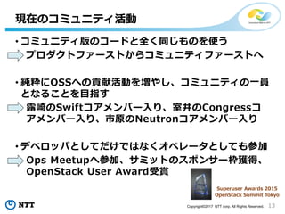 13Copyright©2017 NTT corp. All Rights Reserved.
• コミュニティ版のコードと全く同じものを使う
プロダクトファーストからコミュニティファーストへ
• 純粋にOSSへの貢献活動を増やし、コミュニティの一員
となることを目指す
露崎のSwiftコアメンバー入り、室井のCongressコ
アメンバー入り、市原のNeutronコアメンバー入り
• デベロッパとしてだけではなくオペレータとしても参加
Ops Meetupへ参加、サミットのスポンサー枠獲得、
OpenStack User Award受賞
現在のコミュニティ活動
Superuser Awards 2015
OpenStack Summit Tokyo
 