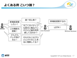 17Copyright©2017 NTT corp. All Rights Reserved.
よくある例 こいつ誰？
開発者Z
新機能提案
したい！
Core Reviewer
誰？初心者？
この機能も
提案！
どんどん
パッチ投げ
るよ！
すごくネイティブ
な部分に触るパッ
チだけど副作用考
慮してるのか？
そもそもこのプロ
ジェクトのこと本
当に理解してる？
別のCore Reviewer
新機能提案するわ
LGTM！
 