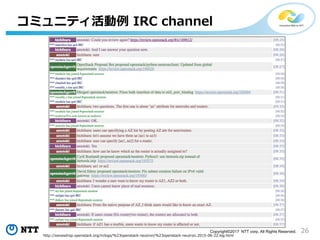 26Copyright©2017 NTT corp. All Rights Reserved.
コミュニティ活動例 IRC channel
http://eavesdrop.openstack.org/irclogs/%23openstack-neutron/%23openstack-neutron.2015-06-22.log.html
 