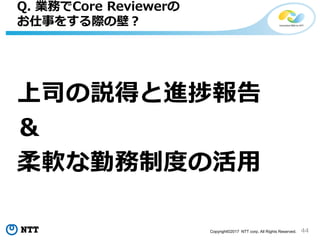 44Copyright©2017 NTT corp. All Rights Reserved.
上司の説得と進捗報告
＆
柔軟な勤務制度の活用
Q. 業務でCore Reviewerの
お仕事をする際の壁？
 