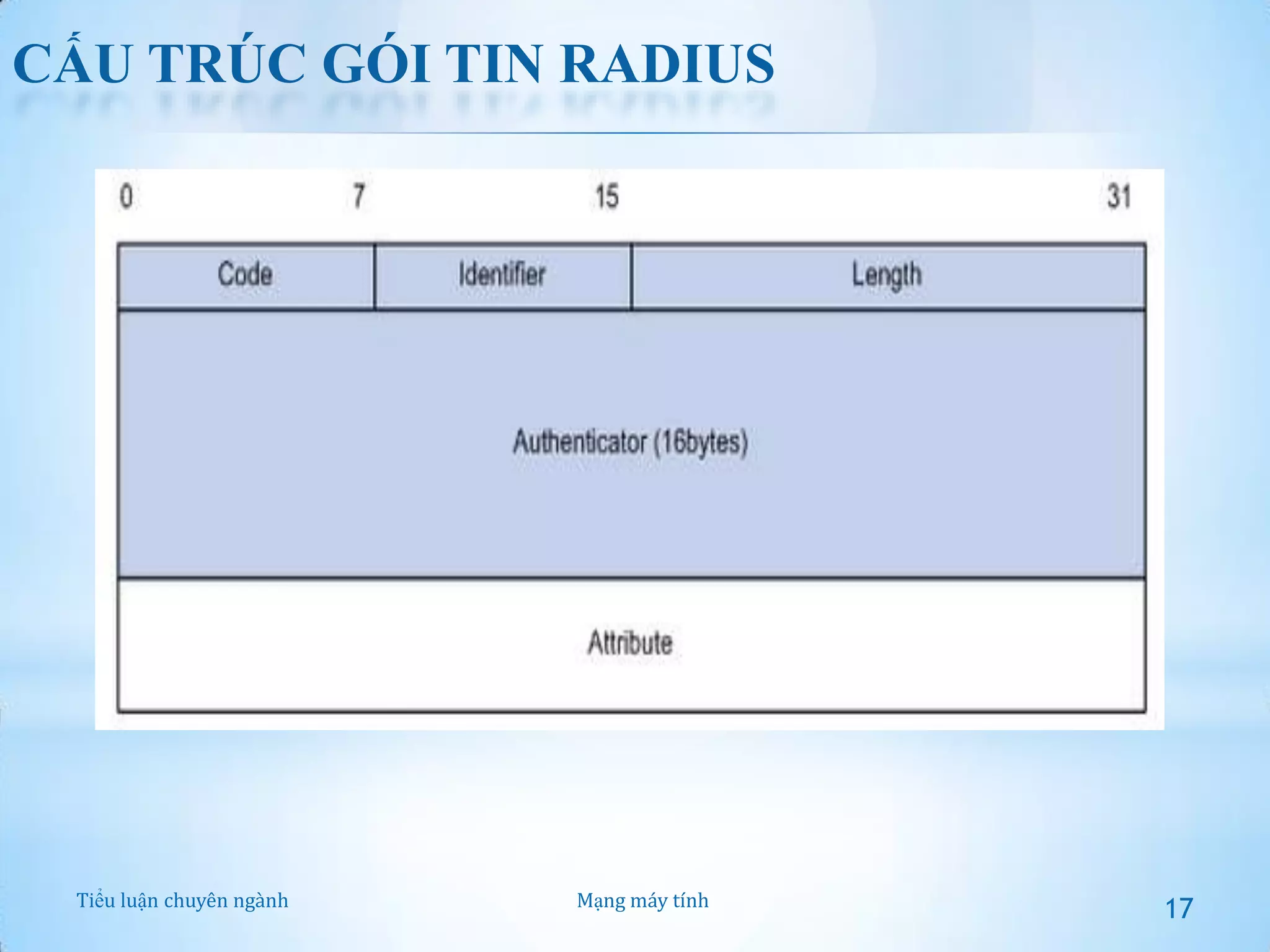 CẤU TRÚC GÓI TIN RADIUS

Tiểu luận chuyên ngành

Mạng máy tính

17

 