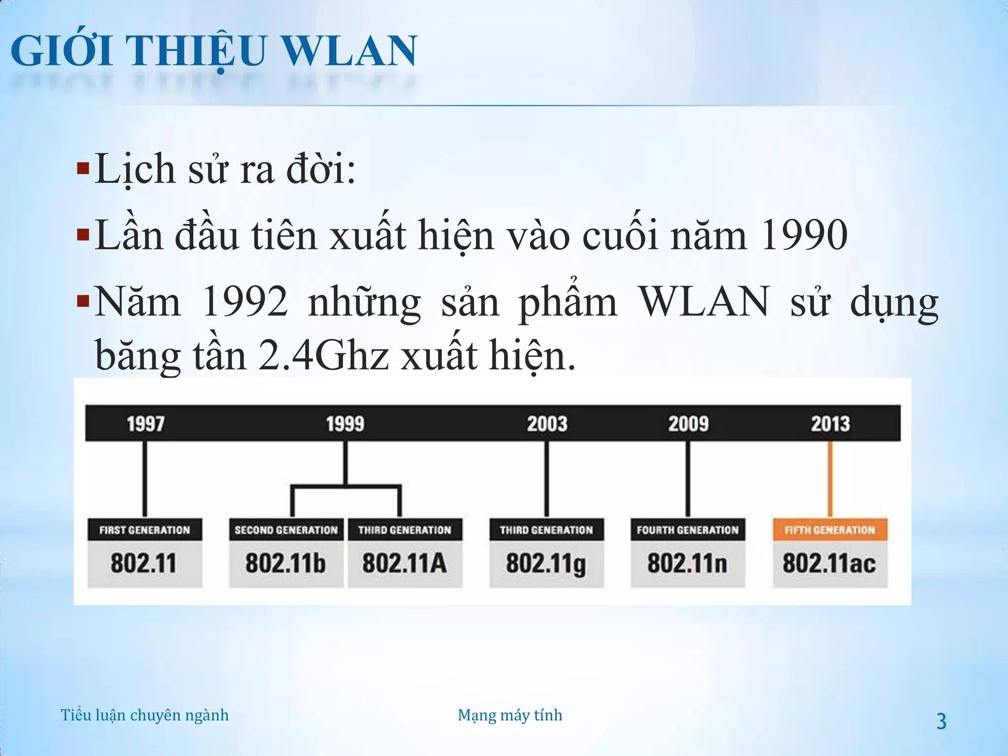 GIỚI THIỆU WLAN
 Lịch sử ra đời:
 Lần đầu tiên xuất hiện vào cuối năm 1990
 Năm 1992 những sản phẩm WLAN sử dụng

băng tần 2.4Ghz xuất hiện.

Tiểu luận chuyên ngành

Mạng máy tính

3

 