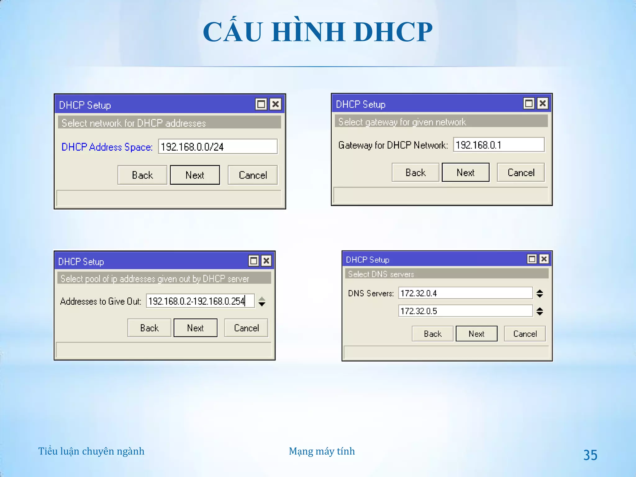 CẤU HÌNH DHCP

Tiểu luận chuyên ngành

Mạng máy tính

35

 