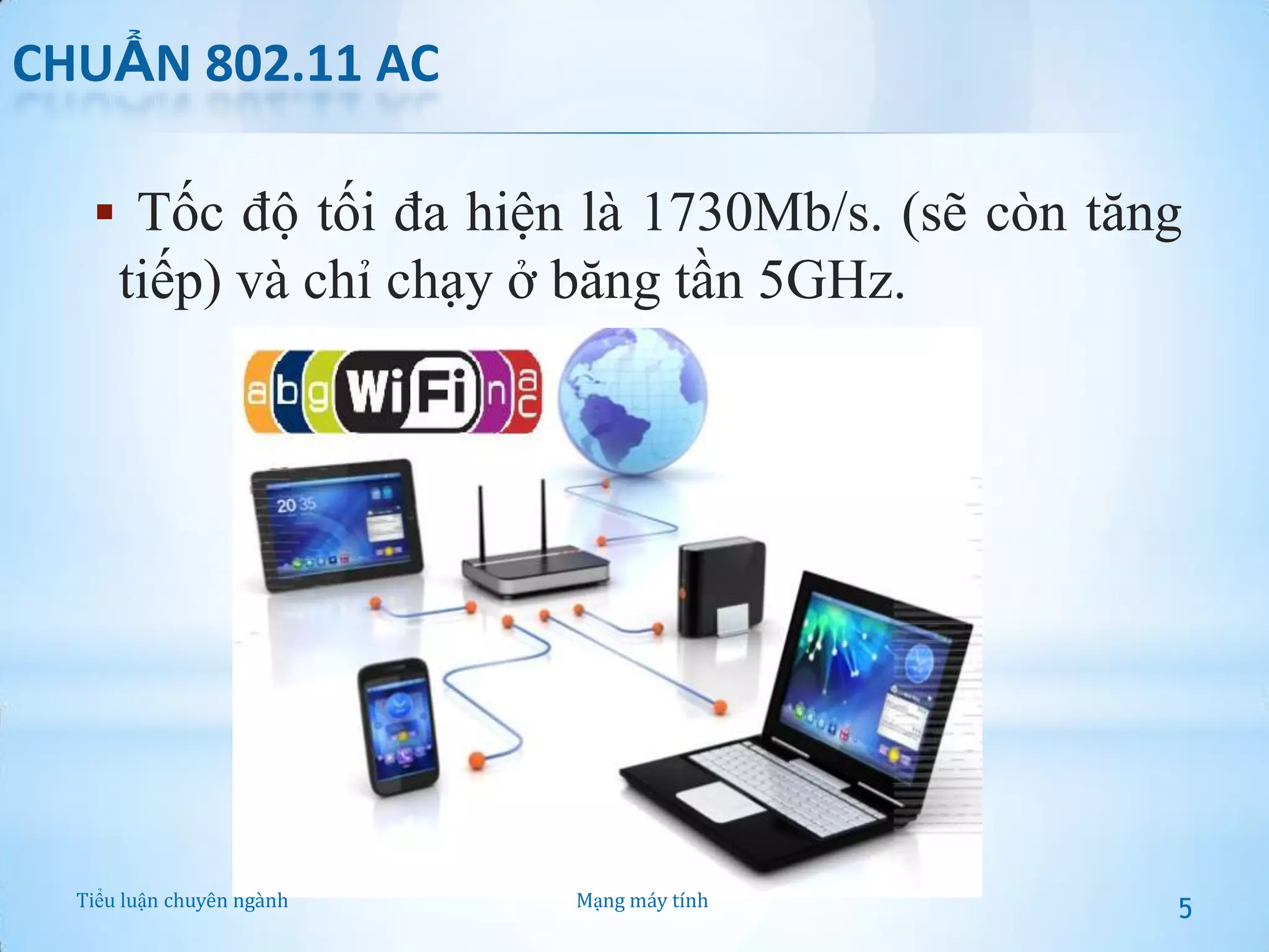 CHUẨN 802.11 AC
 Tốc độ tối đa hiện là 1730Mb/s. (sẽ còn tăng

tiếp) và chỉ chạy ở băng tần 5GHz.

Tiểu luận chuyên ngành

Mạng máy tính

5

 