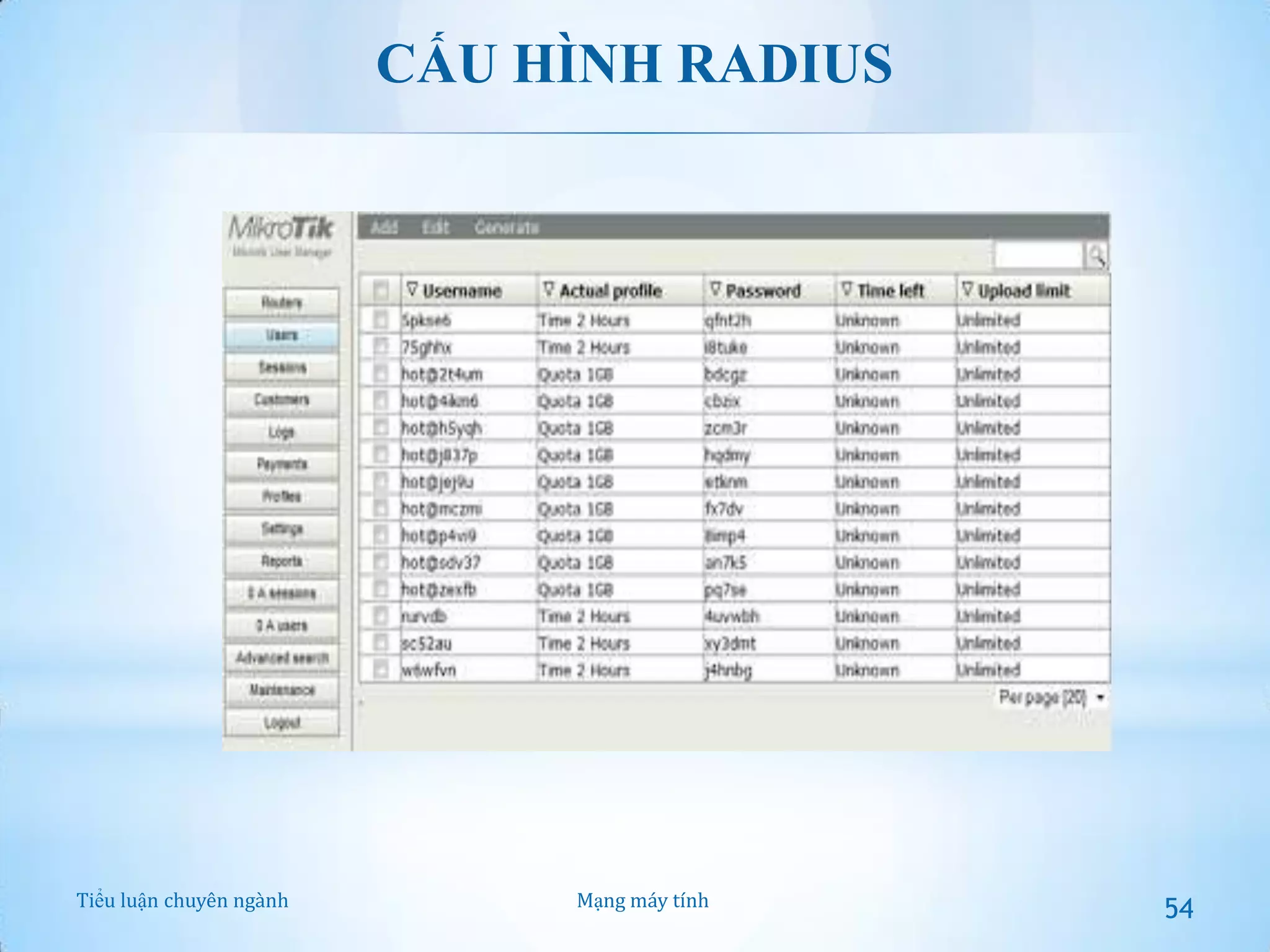 CẤU HÌNH RADIUS

Tiểu luận chuyên ngành

Mạng máy tính

54

 