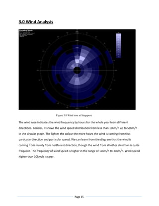 Page 15
3.0 Wind Analysis
Figure 3.0 Wind rose at Singapore
The wind rose indicates the wind frequency by hours for the whole year from different
directions. Besides, it shows the wind speed distribution from less than 10km/h up to 50km/h
in the circular graph. The lighter the colour the more hours the wind is coming from that
particular direction and particular speed. We can learn from the diagram that the wind is
coming from mainly from north east direction, though the wind from all other direction is quite
frequent. The frequency of wind speed is higher in the range of 10km/h to 30km/h. Wind speed
higher than 30km/h is rarer.
 