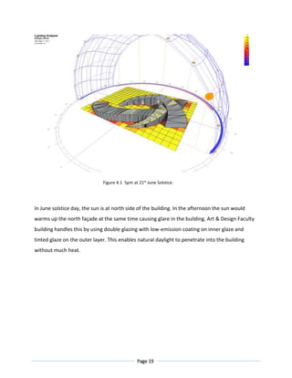 Page 19
Figure 4.1 5pm at 21st
June Solstice.
In June solstice day, the sun is at north side of the building. In the afternoon the sun would
warms up the north façade at the same time causing glare in the building. Art & Design Faculty
building handles this by using double glazing with low-emission coating on inner glaze and
tinted glaze on the outer layer. This enables natural daylight to penetrate into the building
without much heat.
 