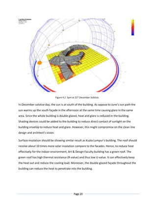 Page 20
Figure 4.2 5pm at 21st
December Solstice.
In December solstice day, the sun is at south of the building. As oppose to June’s sun path the
sun warms up the south façade in the afternoon at the same time causing glare in the same
area. Since the whole building is double glazed, heat and glare is reduced in the building.
Shading devices could be added to the building to reduce direct contact of sunlight on the
building envelop to reduce heat and glare. However, this might compromise on the clean line
design and architect’s vision.
Surface insolation should be showing similar result as Kuala Lumpur’s building. The roof should
receive about 10 times more solar insolation compare to the facades. Hence, to reduce heat
effectively for the indoor environment, Art & Design Faculty building has a green roof. The
green roof has high thermal resistance (R-value) and thus low U-value. It can effectively keep
the heat out and reduce the cooling load. Moreover, the double glazed façade throughout the
building can reduce the heat to penetrate into the building.
 