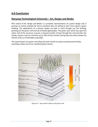 Page 27
6.0 Conclusion
Nanyang Technological University – Art, Design and Media
NTU school of Art, Design and Media is a complete representation of a green design and, it
portrays an astute example for future architects who are willing to learn more about a green
building. The applications of a passive design are kept in mind through out the building,
pointing out the green roof and use of double glazed glass. The green roof, which lays upon the
entire roof of the structure, ensures a minimal transfer of heat through the roof and then the
ceiling. A green roof can minimize up to 70% of heat transfer during day time which allows the
interior to be as comfortable as possible.
The several layers of a green roof allow the heat transfer to reduce at phenomenal levels,
providing a lower cost of air-conditioning the interior.
Figure 6.0 layers which makes up the green roof
 