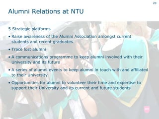 20


Alumni Relations at NTU

5 Strategic platforms
• Raise awareness of the Alumni Association amongst current
  students and recent graduates
• Trace lost alumni
• A communications programme to keep alumni involved with their
  University and its future
• A series of alumni events to keep alumni in touch with and affiliated
  to their University
• Opportunities for alumni to volunteer their time and expertise to
  support their University and its current and future students
 
