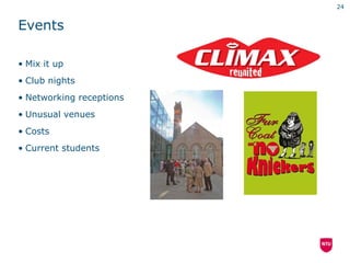 24


Events

• Mix it up
• Club nights
• Networking receptions
• Unusual venues
• Costs
• Current students
 