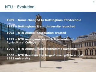 8


NTU - Evolution


1989 – Name changed to Nottingham Polytechnic

1992 – Nottingham Trent University launched

1993 – NTU Alumni Association created

1999 – NTU amalgamates with Brackenhurst
Agricultural College

1999 – NTU Alumni Fund programme launched

2008 – NTU Receives the largest ever gift to a post-
1992 university
 