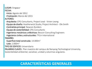 CARACTERÍSTICAS GENERALES
LUGAR: Singapur
FECHA:
-Inicio: Agosto del 2012
-Finalización: Marzo del 2015
AUTORES:
-Arquitecto: CPG Consultants, Project Lead - Vivien Leong
-Equipo de diseño: Heatherwick Studio, Project Architect - Ole Smith
-Contratista principal: Newcon Builders
-Equipo de sostenibilidad: CPG Consultants
-Ingenieros mecánicos y eléctricos: Bescon Consulting Engineers
-Ingenieros civiles y estructurales: TYLin International
TAMAÑO:
-Superficie total construida: 14.000m2
-Lote: 2.000m2
TIPO DE EDIFICIO: Universitario
PALABRAS CLAVES: Plan maestro del campus de Nanyang Technological University,
Sostenibilidad ambiental, socializar, unidad y columnas angulares.
 