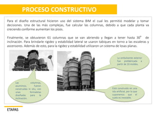 ETAPAS
Para el diseño estructural hicieron uso del sistema BIM el cual les permitió modelar y tomar
decisiones. Una de las más complejas, fue calcular las columnas, debido a que cada planta va
creciendo conforme aumentan los pisos.
Finalmente, se obtuvieron 61 columnas que se van abriendo y llegan a tener hasta 30° de
inclinación. Para brindarle rigidez y estabilidad lateral se usaron tabiques en torno a las escaleras y
ascensores. Además de esto, para la rigidez y estabilidad utilizaron un sistema de losas planas.
PROCESO CONSTRUCTIVO
Está construido en una
isla artificial, por lo que
suponemos que el
suelo es inestable.
Las columnas,
asumimos, fueron
construidas In situ, con
unas formaletas
diseñadas para la
inclinación.
La embolvente exterior
fue prefabricada a
partir de 10 moldes.
 