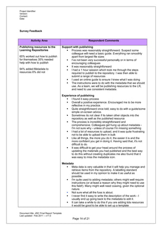 Project Identifier:
Version:
Contact:
Date:
Survey Feedback
Activity Area Respondent Comments
Publishing resources to the
Learning Repositories
65% worked out how to publish
for themselves 35% needed
help with how to publish
94% added Metadata to
resources 6% did not
Support with publishing
 Process was reasonably straightforward. Suspect some
colleague will need a basic guide. Everything ran smoothly
apart from largest file sizes
 I’ve not been very successful personally or in terms of
encouraging colleagues
 It was reasonably straightforward
 I had a 1 hour session which took me through the steps
required to publish to the repository. I was then able to
submit a range of resources
 I used an online guide to ensure I knew what I was doing
 The instructions were to do with the metadata that we should
use. As a team, we will be publishing resources to the LR,
and need to use consistent metadata.
Experience of publishing
 I found it easy process
 Overall a positive experience. Encouraged me to be more
reflective in my practice.
 Quite straightforward once told; easy to do with a guide/some
simple on-screen advice.
 Sometimes its not clear if its taken other objects into the
repository as well as the published resource
 The process is incredibly straightforward and
comprehensive. Colleagues get hung up about metadata -
I'm not sure why - unless of course I'm missing something
 I had a lot of resources to upload, and it was quite frustrating
not to be able to upload them in bulk
 Like all things, the more you do it, the easier it is and the
more confident you get in doing it. Having said that, it's not
difficult to do.
 It was difficult to get your head around the process of
updating the materials you had published and the best way
to do this without creating duplicates me also found that it
was easy to miss the metadata icon.
Metadata
 Meta data is very valuable in that it will help you manage and
retrieve items from the repository. A labelling standard
should be used in my opinion to make it as useful as
possible.
 I'm quite used to adding metadata; others might well require
instructions (or at least a reason why they might need to use
this field!). Many might well need coaxing, given the optional
nature.
 Not sure what all the fuss is about.
 I never find it easy to write the description of the work - I
usually end up going back to the metadata to edit it.
 It can take a while to do this if you are adding lots resources
it would be good to be able to set up a template
Document title: JISC Final Report Template
Last updated : Feb 2011 – v11.0
Page 14 of 21
 
