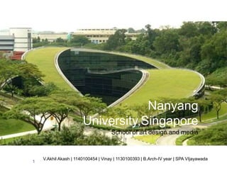 Nanyang
University,Singapore
School of art design and media
V.Akhil Akash | 1140100454 | Vinay | 1130100393 | B.Arch-IV year | SPA VIjayawada
1
 