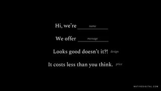 Hi, we’re___________
We offer___________
Looks good doesn’t it?!
It costs less than you think.
N A T I V E D I G I T A L . C O M
name
message
design
price
 