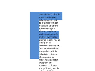 Lorem ipsum dolor sit
amet, consectetur
adipisicing elit, sed
do eiusmod tempor
incididunt ut labore
et dolore magna
aliqua. Ut enim ad
minim veniam, quis
nostrud exercitation
ullamco laboris nisi ut
aliquip ex ea
commodo consequat.
Duis aute irure dolor
in reprehenderit in
voluptate velit esse
cillum dolore eu
fugiat nulla pariatur.
Excepteur sint
occaecat cupidatat
non proident, sunt in

 