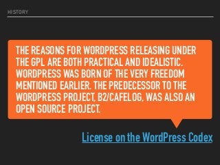 HOW DOES THE GPL
COMPARE TO OTHER
LICENSES?
MIT, Apache, GitHub, Flickr (Creative Commons)
 