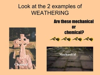 Look at the 2 examples of WEATHERING Chemical  Mechanical Are these mechanical  or  chemical? 