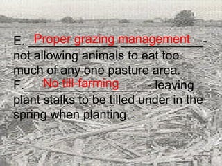 E. _____________ ____________-not allowing animals to eat too much of any one pasture area. F.__________________- leaving plant stalks to be tilled under in the spring when planting. Proper grazing management No till-farming 