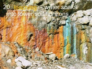 20. ________- water soaks into lower soil horizons leaching 