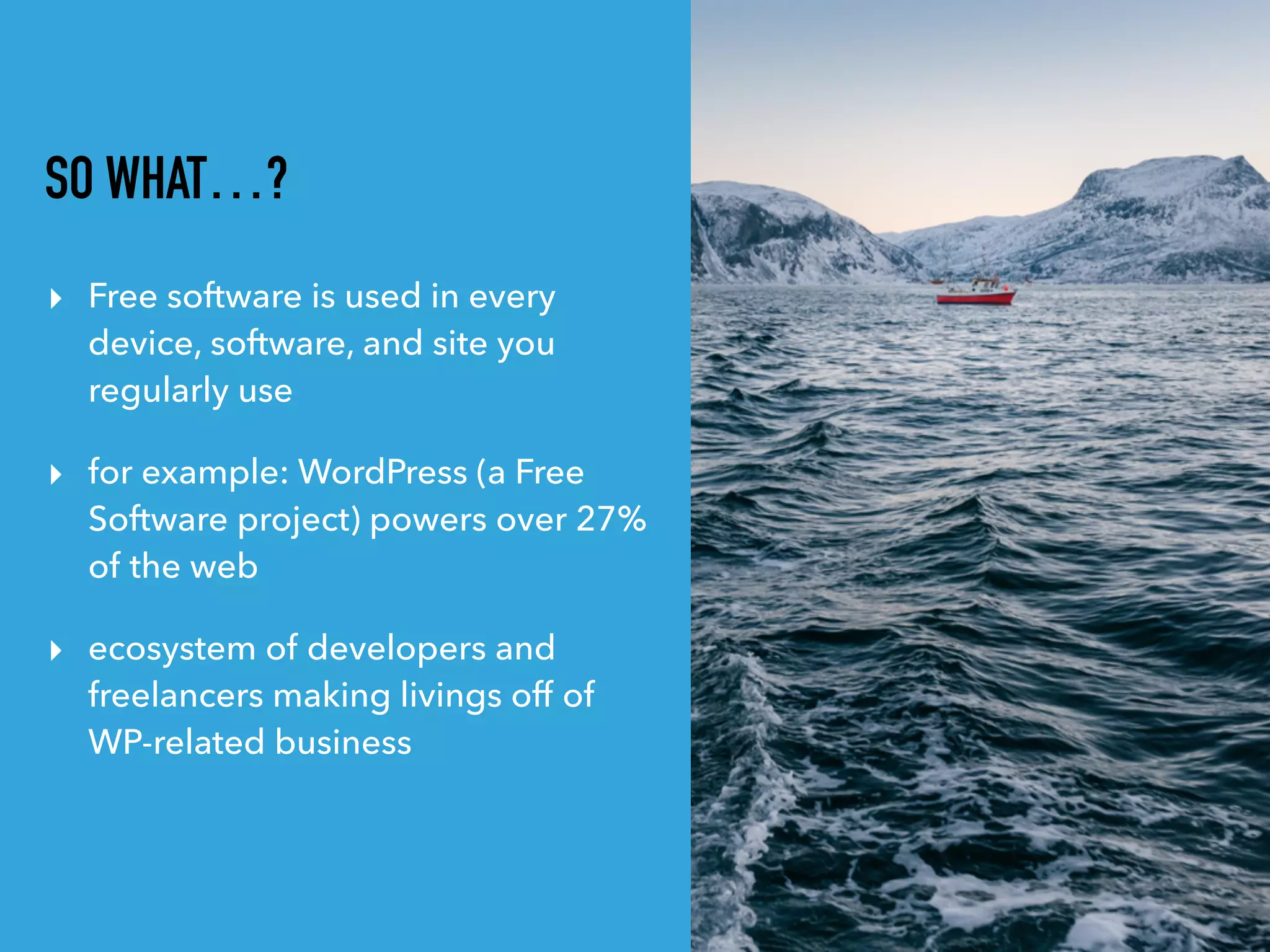 SO WHAT…?
▸ Free software is used in every
device, software, and site you
regularly use
▸ for example: WordPress (a Free
Software project) powers over 27%
of the web
▸ ecosystem of developers and
freelancers making livings off of
WP-related business
 