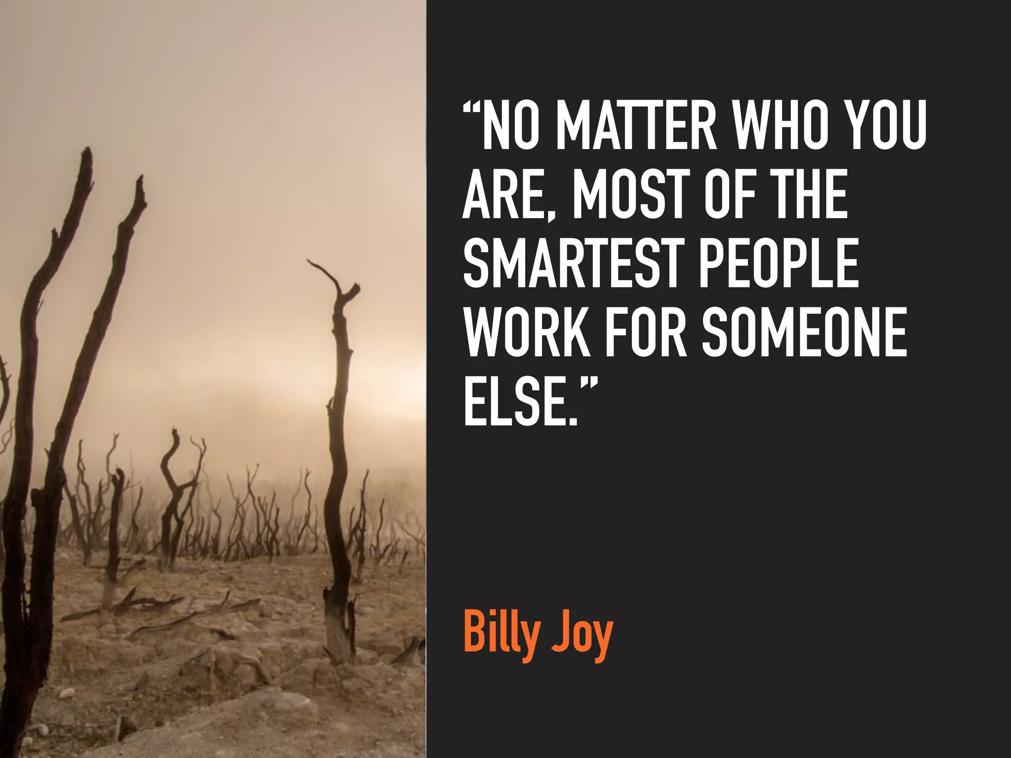 “NO MATTER WHO YOU
ARE, MOST OF THE
SMARTEST PEOPLE
WORK FOR SOMEONE
ELSE.”
Billy Joy
 