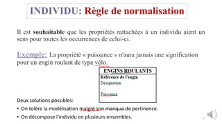 INDIVIDU: Règle de normalisation
Il est souhaitable que les propriétés rattachées à un individu aient un
sens pour toutes les occurrences de celui-ci.
Exemple: La propriété « puissance » n'aura jamais une signification
pour un engin roulant de type vélo.
Deux solutions possibles:
• On tolère la modélisation malgré son manque de pertinence.
• On décompose l'individu en plusieurs ensembles. 17
 