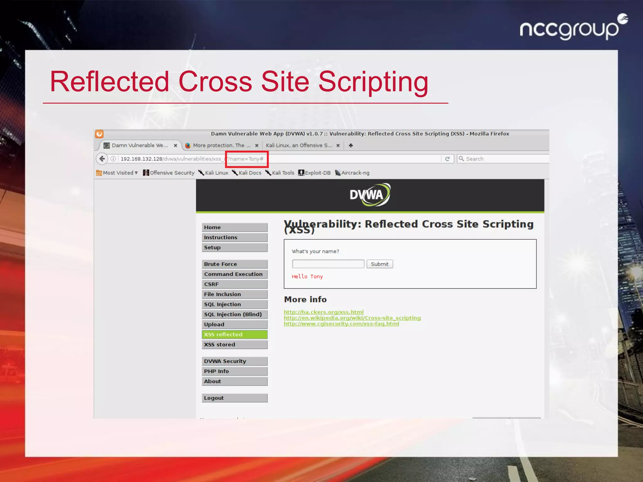 Reflected Cross Site Scripting
 