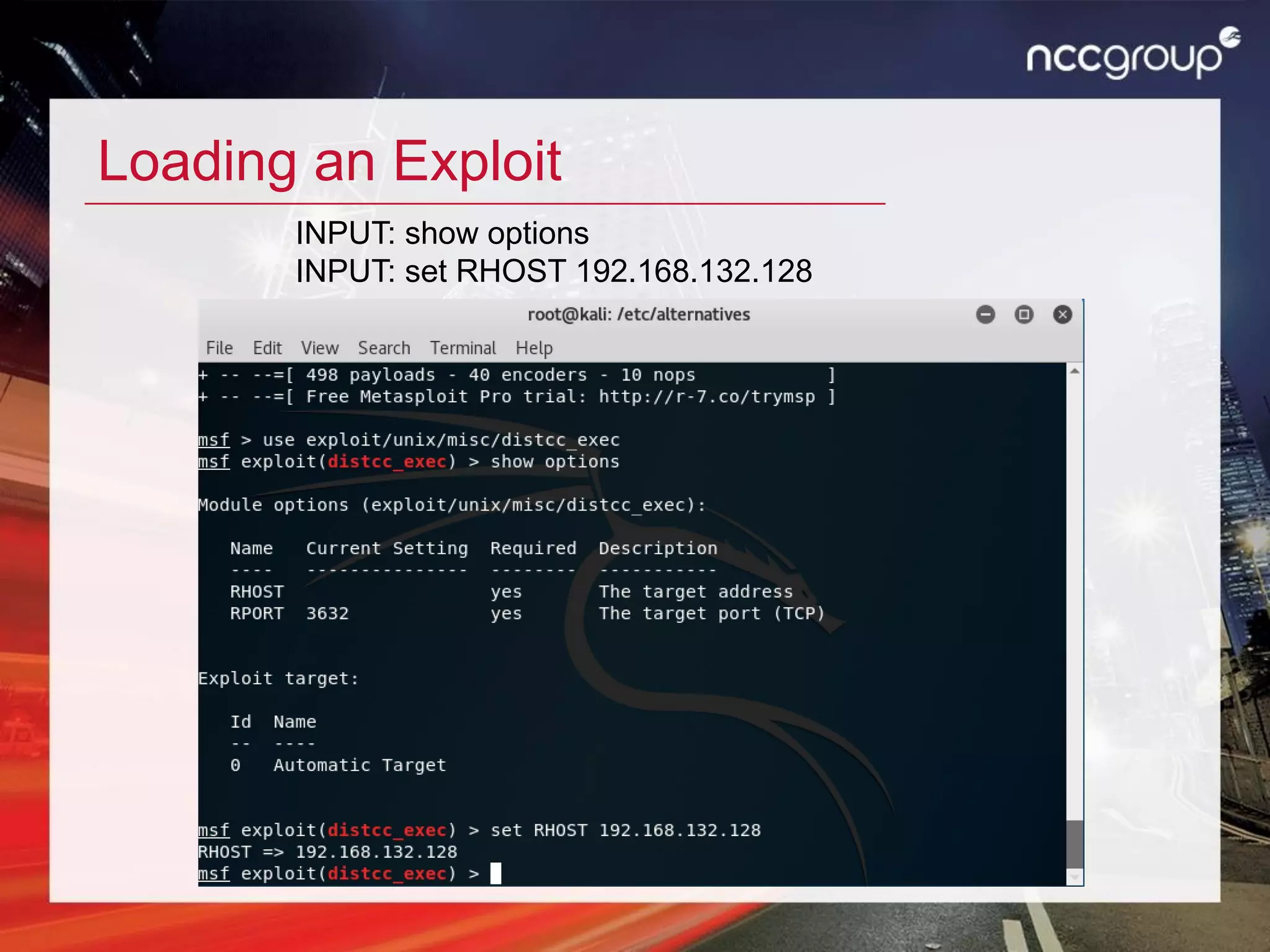 Loading an Exploit
INPUT: show options
INPUT: set RHOST 192.168.132.128
 