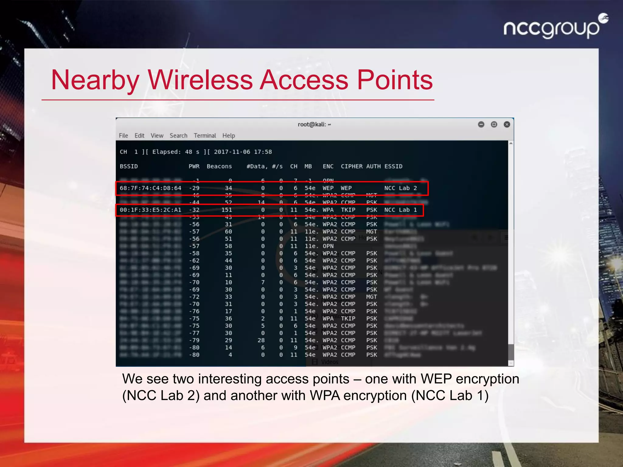 Nearby Wireless Access Points
We see two interesting access points – one with WEP encryption
(NCC Lab 2) and another with WPA encryption (NCC Lab 1)
 