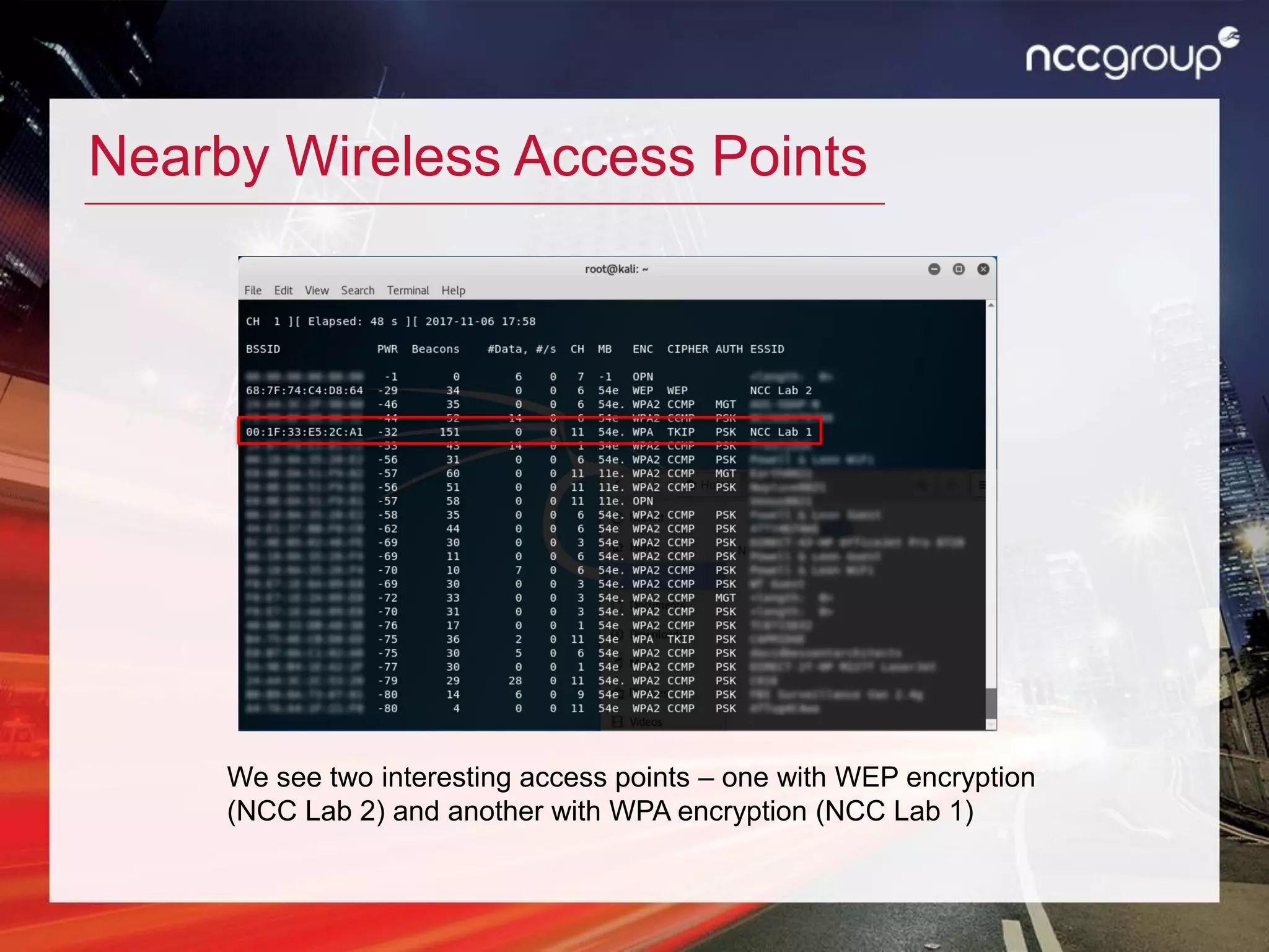 Nearby Wireless Access Points
We see two interesting access points – one with WEP encryption
(NCC Lab 2) and another with WPA encryption (NCC Lab 1)
 