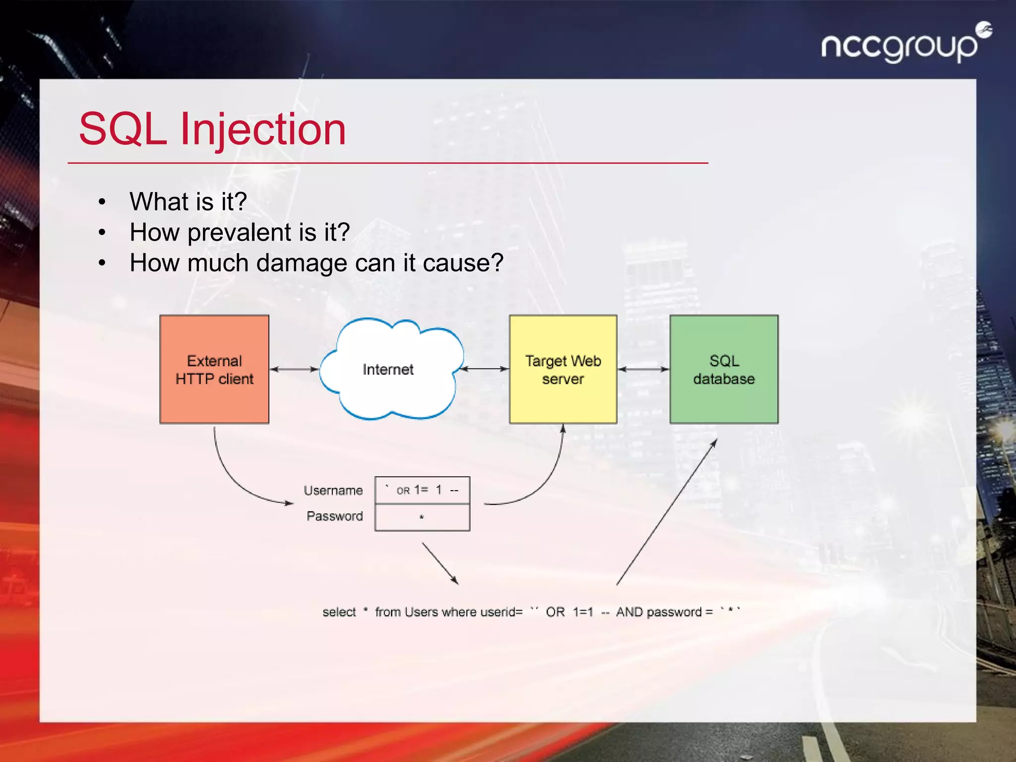 SQL Injection
• What is it?
• How prevalent is it?
• How much damage can it cause?
 