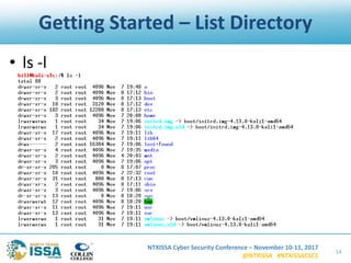 NTXISSA Cyber Security Conference – November 10-11, 2017
@NTXISSA #NTXISSACSC5
Getting Started – List Directory
• ls -l
14
 
