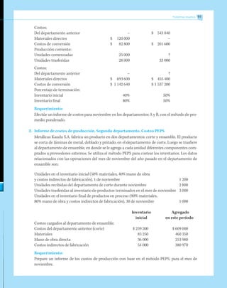 Problemas resueltos 91
Costos:
Del departamento anterior		 –	 $	 543 840
Materiales directos	 $	 120 000	 	 –
Costos de conversión	 $	 82 800	 $ 	 201 600
Producción corriente:
Unidades comenzadas	 	 25 000	 	 ?
Unidades trasferidas	 	 28 000	 	 33 000
Costos:
Del departamento anterior	 	 –	 	 ?
Materiales directos	 $	 693 600	 $ 	455 400
Costos de conversión	 $	 1 142 640	 $ 	1 537 200
Porcentaje de terminación:
Inventario inicial		 40%		 50%
Inventario final		 80%		 50%
Requerimiento:
Efectúe un informe de costos para noviembre en los departamentos A y B, con el método de pro-
medio ponderado.
2.	 Informe de costos de producción. Segundo departamento. Costeo PEPS
	 Metálicas Kaudu S.A. fabrica un producto en dos departamentos: corte y ensamble. El producto
se corta de láminas de metal, doblado y pintado, en el departamento de corte. Luego se trasfiere
al departamento de ensamble, en donde se le agrega a cada unidad diferentes componentes com-
prados a proveedores externos. Se utiliza el método PEPS para costear los inventarios. Los datos
relacionados con las operaciones del mes de noviembre del año pasado en el departamento de
ensamble son:
	 Unidades en el inventario inicial (50% materiales, 40% mano de obra
y costos indirectos de fabricación), 1 de noviembre 	 1 200
	 Unidades recibidas del departamento de corte durante noviembre	 2 800
	 Unidades trasferidas al inventario de productos terminados en el mes de noviembre	 3 000
	 Unidades en el inventario final de productos en proceso (90% materiales,
	 80% mano de obra y costos indirectos de fabricación), 30 de noviembre	 1 000
		 Inventario	 Agregado
	 inicial	 en este período
	 Costos cargados al departamento de ensamble:
	 Costos del departamento anterior (corte)	 $ 259 200	 $ 609 000
	 Materiales	 83 250	 460 350
	 Mano de obra directa	 36 000	 253 980
	 Costos indirectos de fabricación	 54 000	 380 970
Requerimiento:
Prepare un informe de los costos de producción con base en el método PEPS, para el mes de
noviembre.
 
