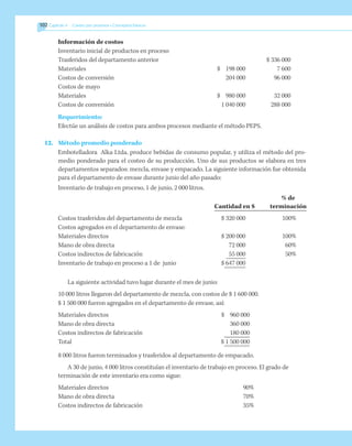 102 	Capítulo 4   Costeo por procesos • Conceptos básicos
Información de costos
Inventario inicial de productos en proceso
Trasferidos del departamento anterior		 $ 336 000
Materiales	 $ 198 000	 7 600
Costos de conversión 	 204 000	 96 000
Costos de mayo
Materiales	 $ 980 000	 32 000
Costos de conversión	 1 040 000	 288 000
Requerimiento:
Efectúe un análisis de costos para ambos procesos mediante el método PEPS.
12.	 Método promedio ponderado
	 Embotelladora Alka Ltda. produce bebidas de consumo popular, y utiliza el método del pro-
medio ponderado para el costeo de su producción. Uno de sus productos se elabora en tres
departamentos separados: mezcla, envase y empacado. La siguiente información fue obtenida
para el departamento de envase durante junio del año pasado:
Inventario de trabajo en proceso, 1 de junio, 2 000 litros.
		 % de
	 Cantidad en $	 terminación
Costos trasferidos del departamento de mezcla	 $ 320 000	 100%
Costos agregados en el departamento de envase:
Materiales directos	 $ 200 000	 100%
Mano de obra directa	 72 000	 60%
Costos indirectos de fabricación	 55 000	 50%
Inventario de trabajo en proceso a 1 de junio	 $ 647 000
La siguiente actividad tuvo lugar durante el mes de junio:
10 000 litros llegaron del departamento de mezcla, con costos de $ 1 600 000.
$ 1 500 000 fueron agregados en el departamento de envase, así:
Materiales directos	 $ 960 000
Mano de obra directa	 360 000
Costos indirectos de fabricación	 180 000
Total	 $ 1 500 000
8 000 litros fueron terminados y trasferidos al departamento de empacado.
A 30 de junio, 4 000 litros constituían el inventario de trabajo en proceso. El grado de
terminación de este inventario era como sigue:
Materiales directos	 90%
Mano de obra directa	 70%
Costos indirectos de fabricación	 35%
 