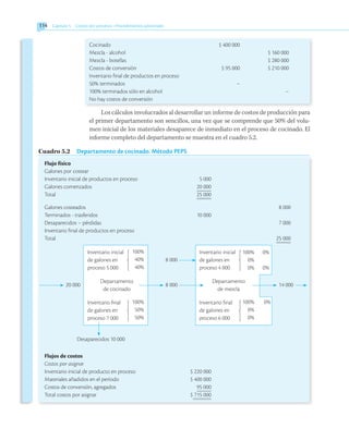 114 Capítulo 5   Costeo por procesos • Procedimientos adicionales
Cocinado	 $ 400 000
Mezcla - alcohol		 $ 160 000
Mezcla - botellas		 $ 280 000
Costos de conversión	 $ 95 000	 $ 210 000
Inventario final de productos en proceso
50% terminados	 –
100% terminados sólo en alcohol		 –
No hay costos de conversión
Los cálculos involucrados al desarrollar un informe de costos de producción para
el primer departamento son sencillos, una vez que se comprende que 50% del volu-
men inicial de los materiales desaparece de inmediato en el proceso de cocinado. El
informe completo del departamento se muestra en el cuadro 5.2.
Cuadro 5.2  Departamento de cocinado. Método PEPS
Flujo físico
Galones por costear
Inventario inicial de productos en proceso	 5 000
Galones comenzados	 20 000
Total	 25 000
Galones costeados		 8 000
Terminados - trasferidos	 10 000
Desaparecidos – pérdidas		 7 000
Inventario final de productos en proceso
Total		 25 000
Flujos de costos
Costos por asignar
Inventario inicial de producto en proceso	 $ 220 000
Materiales añadidos en el período	 $ 400 000
Costos de conversión, agregados	 95 000
Total costos por asignar	 $ 715 000
Desaparecidos 10 000
100%
40%
40%
Inventario inicial
de galones en
proceso 5 000 }
	100%	 0%
	 0%
	 0%	 0%
Inventario inicial
de galones en
proceso 4 000 }
100%
50%
50%
Inventario final
de galones en
proceso 7 000 }
	100%	 0%
	 0%
	 0%
Inventario final
de galones en
proceso 6 000 }
Departamento
de cocinado
Departamento
de mezcla
8 000
8 000
20 000 14 000
 