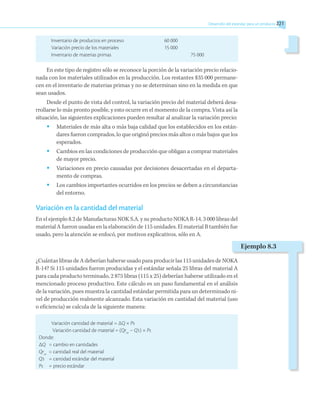 Desarrollo del estándar para un producto 221
Inventario de productos en proceso	 60 000
Variación precio de los materiales	 15 000
Inventario de materias primas	 75 000
En este tipo de registro sólo se reconoce la porción de la variación precio relacio-
nada con los materiales utilizados en la producción. Los restantes $35 000 permane-
cen en el inventario de materias primas y no se determinan sino en la medida en que
sean usados.
Desde el punto de vista del control, la variación precio del material deberá desa-
rrollarse lo más pronto posible, y esto ocurre en el momento de la compra. Vista así la
situación, las siguientes explicaciones pueden resultar al analizar la variación precio:
•	 Materiales de más alta o más baja calidad que los establecidos en los están-
dares fueron comprados, lo que originó precios más altos o más bajos que los
esperados.
•	 Cambios en las condiciones de producción que obligan a comprar materiales
de mayor precio.
•	 Variaciones en precio causadas por decisiones desacertadas en el departa-
mento de compras.
•	 Los cambios importantes ocurridos en los precios se deben a circunstancias
del entorno.
Variación en la cantidad del material
En el ejemplo 8.2 de Manufacturas NOK S.A. y su producto NOKA R-14, 3 000 libras del
material A fueron usadas en la elaboración de 115 unidades. El material B también fue
usado, pero la atención se enfocó, por motivos explicativos, sólo en A.
¿Cuántas libras de A deberían haberse usado para producir las 115 unidades de NOKA
R-14? Si 115 unidades fueron producidas y el estándar señala 25 libras del material A
para cada producto terminado, 2 875 libras (115 x 25) deberían haberse utilizado en el
mencionado proceso productivo. Este cálculo es un paso fundamental en el análisis
de la variación, pues muestra la cantidad estándar permitida para un determinado ni-
vel de producción realmente alcanzado. Esta variación en cantidad del material (uso
o eficiencia) se calcula de la siguiente manera:
Variación cantidad de material = ΔQ × Ps
Variación cantidad de material = (Qrm
– Q’s) × Ps
Donde:
ΔQ	 = cambio en cantidades
Qrm
= cantidad real del material
Q’s	 = cantidad estándar del material
Ps	 = precio estándar
Ejemplo 8.3
 