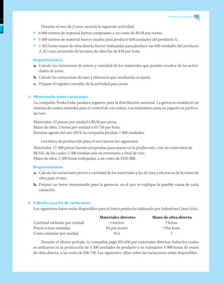 Problemas propuestos 235
Durante el mes de j†unio, ocurrió la siguiente actividad:
•	 6 000 metros de material fueron comprados a un costo de $0,48 por metro.
•	 5 400 metros de material fueron usados para producir 650 unidades del producto A.
•	 1 365 horas mano de obra directa fueron trabajadas para producir las 650 unidades del producto
A. El costo promedio de la mano de obra fue de $39 por hora.
Requerimientos:
a.	 Calcule las variaciones de precio y cantidad de los materiales que pueden resultar de las activi-
dades de junio.
b.	 Calcule las variaciones de tasa y eficiencia que resultarían en junio.
c.	 Prepare el registro contable de la actividad para junio.
4.	 Memorando sobre variaciones
	 La compañía Tonka Ltda. produce juguetes para la distribución nacional. La gerencia estableció un
sistema de costeo estándar para el control de sus costos. Los estándares para un juguete en particu-
lar son:
Materiales: 12 piezas por unidad a $0,56 por pieza.
Mano de obra: 2 horas por unidad a $3 750 por hora.
Durante agosto del año 201X, la compañía produjo 1 000 unidades.
Los datos de producción para el mes fueron los siguientes:
Materiales: 17 500 piezas fueron compradas para usarse en la producción, con un costo total de
$8 925, de las cuales 3 500 estaban aún en inventario a final de mes.
Mano de obra: 2 500 horas trabajadas, a un costo de $105 000.
Requerimientos:
a.	 Calcule las variaciones precio y cantidad de los materiales y las de tasa y eficiencia de la mano de
obra para el mes.
b.	 Prepare un breve memorando para la gerencia, en el que se explique la posible causa de cada
variación.
5.	 Cálculos a partir de variaciones
	 Los siguientes datos están disponibles para el único producto elaborado por industrias Cates Ltda.:
	 Materiales directos	 Mano de obra directa
Cantidad estándar por unidad	 3 metros	 ? horas
Precio o tasa estándar	 $5 por metro	 ? Por hora
Costo estándar por unidad	 $15	 ?
Durante el último período, la compañía pagó $55 650 por materiales directos, todos los cuales
se utilizaron en la producción de 3 200 unidades de producto y se trabajaron 4 900 horas de mano
de obra directa, a un costo de $36 750. Las siguientes cifras sobre las variaciones están disponibles:
 