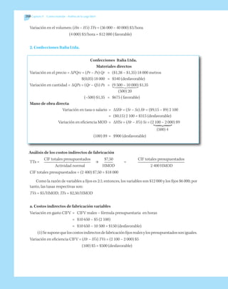 268 Capítulo 9   Costeo estándar - Análisis de la carga fabril
Variación en el volumen: (Hn – H’s) TFs = (36 000 – 40 000) $3/hora
	 (4 000) $3/hora = $12 000 (favorable)
2. Confecciones Italia Ltda.
	
Confecciones Italia Ltda.
Materiales directos
Variación en el precio =	ΔPQrc = (Pr – Ps) Qr	 =	 ($1,38 – $1,35) 18 000 metros
	 $(0,03) 18 000	 =	 $540 (desfavorable)
Variación en cantidad = 	ΔQPs = (Qr – Q’s) Ps	 =	 (9 500 – 10 000) $1,35
	 (500) 20
	 (–500) $1,35	 =	 $675 (favorable)
Mano de obra directa
	 Variación en tasa o salario	 =	 ΔSHr = (Sr – Ss) Hr = ($9,15 – $9) 2 100
		 =	 ($0,15) 2 100 = $315 (desfavorable)
	 Variación en eficiencia MOD	 =	 ΔHSs = (Hr – H’s) Ss = (2 100 – 2 000) $9
	 (500) 4
	 (100) $9	 =	 $900 (desfavorable)
Análisis de los costos indirectos de fabricación
TTs =
	 CIF totales presupuestados	
→
	 $7,50	
=
	 CIF totales presupuestados
	 Actividad normal		 HMOD		 2 400 HMOD
CIF totales presupuestados = (2 400) $7,50 = $18 000
Como la razón de variables a fijos es 2:1; entonces, los variables son $12 000 y los fijos $6 000; por
tanto, las tasas respectivas son:
TVs = $5/HMOD; TFs = $2,50/HMOD
a. Costos indirectos de fabricación variables
Variación en gasto CIFV 	=	 CIFV reales – fórmula presupuestaria en horas
	 = 	 $10 650 – $5 (2 100)
	 = 	 $10 650 – 10 500 = $150 (desfavorable)
(1)Sesuponequeloscostosindirectosdefabricaciónfijosrealesylospresupuestadossoniguales.
Variación en eficiencia CIFV = (Hr – H’s) TVs = (2 100 – 2 000) $5
(100) $5 = $500 (desfavorable)
 