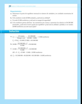 308 Capítulo 10 Análisis de la relación costo-volumen-utilidad
Requerimientos:
a.	 Determine el punto de equilibrio mensual en número de unidades y en unidades monetarias de
ventas.
b.	 Si Su sombrero vende 20 000 unidades, ¿cuál será su utilidad?
c.	 Si vende 25 000 sombreros, ¿cuál será su margen de seguridad?
d.	 Si Su sombrero piensa eliminar las comisiones por ventas y aumentar los salarios en $8 200 000
mensuales, ¿cuál será el nuevo punto de equilibrio? ¿Cuál será la utilidad o pérdida, si se venden
20 000 sombreros con este nuevo plan?
a.	 Xo
=
	 CF totales
=
	
$15 000 000
= 15 000 sombreros
		 Margen cont.	 ($3 000 – 2 000)
	 So
= PVuXo
= $3 000 (15 000) = $45 000 000
b.	 20 000 =
$15 000 000 + U
= $10 000 000
				$1 000	
c.	 25 000 =
$15 000 000 + U
= $10 000 000
	 $1 000
MS = X – Xo
= 25 000 – 15 000 = 10 000 sombreros
d.	 Xo
= $15 000 000 + $8 200 000 = $23 200 000 = 16 000 sombreros
Solución
 