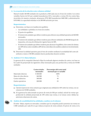 314 Capítulo 10 Análisis de la relación costo-volumen-utilidad
8.	 La ecuación de la relación costo-volumen-utilidad
	 Manuel vendió 180 000 unidades de su producto a $20 cada una en el mes de octubre. Los costos
variables fueron de $14 por unidad (manufactura $10 y mercadeo y ventas $4); los costos fijos,
incurridos de manera constante, alcanzaron $792 000 (manufactura $600 000 y administración
$192 000). La capacidad estándar es de 200 000 artículos por mes.
Requerimientos:
a.	 Determine, con base en el análisis de equilibrio:
• 	 Las utilidades o pérdidas en el mes de octubre.
• 	 El punto de equilibrio.
• 	 El número de unidades que deben venderse para obtener una utilidad operativa de $60 000
mensuales.
• 	 El número de unidades que deben venderse para obtener utilidades de $90 000 después de
impuestos, si la tasa de tributación vigente fuese de 30%.
• 	 Elnúmerodeunidadesquedebenvenderseparaalcanzarelequilibrio,siloscostosdenómina
son50%deloscostosvariablesy20%deloscostosfijosylossueldosysalariosseincrementarán
10%.
b. 	Determine la utilidad operativa para el mes de octubre mediante la modalidad del costo ab-
sorbente o total, si 190 000 unidades fueron producidas durante octubre.
9.	 Análisis C-V-U. Datos faltantes
	 La gerencia de la compañía Libertad e Hijos ha realizado algunos estudios de costos, con base en
los cuales ha proyectado las siguientes cifras mensuales para una producción y ventas de 40 000
unidades:
	 Costos totales	 Porcentajes del costo total
	 mensuales	 mensual que es variable
Materiales directos	 $ 400 000	 100%
Mano de obra directa	 360 000	 75
Costos indirectos	 300 000	 40
Gastos operativos	 200 000	 25
Requerimientos:
a.	 Calcule el precio de venta unitario que originará una utilidad de 10% sobre las ventas, con un
volumen de 40 000 unidades.
b.	 Si la gerencia ha seleccionado un precio de venta de $30 por unidad, calcule las ventas que
producirán la utilidad proyectada de 10% sobre esas ventas, si se toman como válidas las
anteriores relaciones de costos.
10.	 Análisis de sensibilidad de las utilidades, cambios en el volumen
El señor Mejía, experto en mercadeo, considera que la compañía puede aumentar sus ventas en
5 000 unidades por cada $2 en que reduzca el precio de venta unitario. El precio de venta en la
 