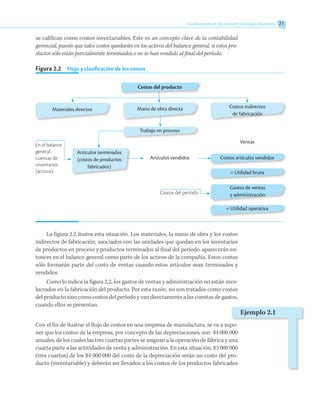 Clasificaciones de los costos en los estados financieros 21
se califican como costos inventariables. Este es un concepto clave de la contabilidad
gerencial, puesto que tales costos quedarán en los activos del balance general, si estos pro-
ductos sólo están parcialmente terminados o no se han vendido al final del período.
Figura 2.2   Flujo y clasificación de los costos
Costos del producto
En el balance
general:
cuentas de
inventarios
(activos).
Costos indirectos
de fabricación
Materiales directos Mano de obra directa
Trabajo en proceso
Artículos terminados
(costos de productos
fabricados)
Artículos vendidos
Ventas
Costos artículos vendidos
= Utilidad bruta
Gastos de ventas
y administración
= Utilidad operativa
Costos del período
La figura 2.2 ilustra esta situación. Los materiales, la mano de obra y los costos
indirectos de fabricación, asociados con las unidades que quedan en los inventarios
de productos en proceso y productos terminados al final del período, aparecerán en-
tonces en el balance general como parte de los activos de la compañía. Estos costos
sólo formarán parte del costo de ventas cuando estos artículos sean terminados y
vendidos.
Como lo indica la figura 2.2, los gastos de ventas y administración no están invo-
lucrados en la fabricación del producto. Por esta razón, no son tratados como costos
del producto sino como costos del período y van directamente a las cuentas de gastos,
cuando ellos se presentan.
Con el fin de ilustrar el flujo de costos en una empresa de manufactura, se va a supo-
ner que los costos de la empresa, por concepto de las depreciaciones, son $4 000 000
anuales, de los cuales las tres cuartas partes se asignan a la operación de fábrica y una
cuarta parte a las actividades de venta y administración. En esta situación, $3 000 000
(tres cuartos) de los $4 000 000 del costo de la depreciación serán un costo del pro-
ducto (inventariable) y deberán ser llevados a los costos de los productos fabricados
Ejemplo 2.1
 
