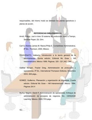 responsables, del mismo modo se delinean los planes operativos o
planes de acción.
REFERENCIAS BIBLIOGRÁFICA
Arndt, Philipp. Just in time: El sistema de producción Justo a Tiempo,
Seminar Paper, Ed. Grin.
Carl S. Warren,James M. Reeve,Philip E. Contabilidad Administrativa,
8ª Ed., Thomson, 2000, México
CHIAVENATO, Idalberto. Introducción a la teoría general de la
administración. Quinta edición. Editorial Mc Graw – Hill
Interamericana .México 1999. Páginas. 320 - 321,342 - 344.
Gaither Morgan, Frazier Greg, Administración de producción y
operaciones, 8ª Ed., International Thompson Editores. Diciembre
2003, 849 págs.,
GOMEZ, Guillermo. Planeación y organización de empresas. Cuarta
edición. Editorial Mc Graw – Hill Interamericana .México 1994.
Páginas 29-31
Muñoz Negrón, David F. Administración de operaciones: Enfoque de
administración de procesos de negocios. Ed., CENGAGE
Learning, México, 2009, 519 págs.
14 |
 
